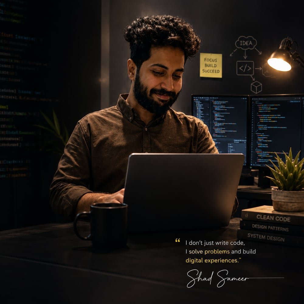 Portrait of Shad Sameer working on a laptop in his development studio